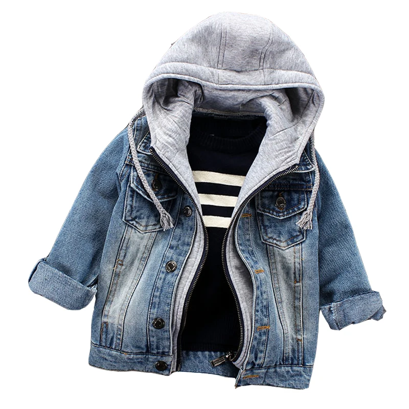 

Dower me 2017 Children's Denim Jacket Boys Outerwear Coat Long-Sleeved Fake Two Pieces Cowboy Suit Hooded Cotton Blend Jacket