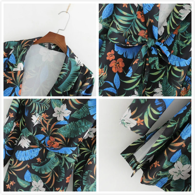 Vintage Floral Print Women's Jacket Suit Coat Sashes Long sleeve Office Blazers Women Thin Outerwear Female casaco feminine Tops