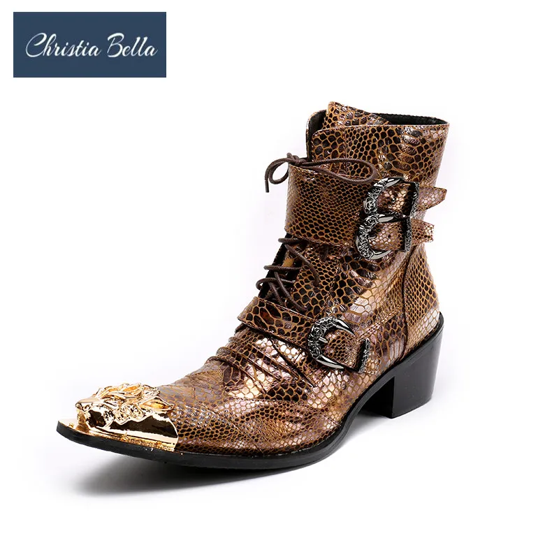 

Christia Bella Gold Sequins Buckle Strap Men's Booties New Large Size Genuine Leather Shoes Formal Ball Party Dress Boots