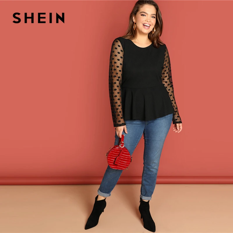  SHEIN Black Highstreet Elegant Plus Size Dot Contrast Mesh Sleeve Peplum Ruffle Hem Top Tee Autumn 