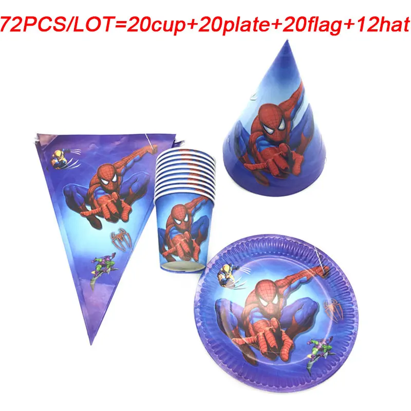 

Spiderman Birthday Theme Disposable Tableware Set 32/72pcs Spiderman Party Hats Plates Cup Banner For Baby Shower Event