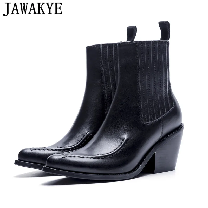 

2018 Autumn winter Chelsea Short Boots Genuine leather middle heels pointed toe runway style Ankle Boots for women shoes