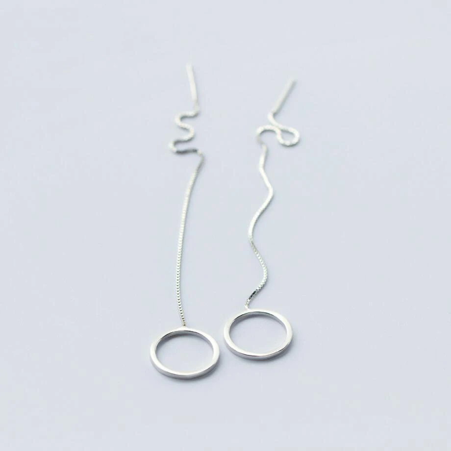 

925 Solid Sterling Silver Circle Charm Long Dangle Thread Line Threader Earrings A1446