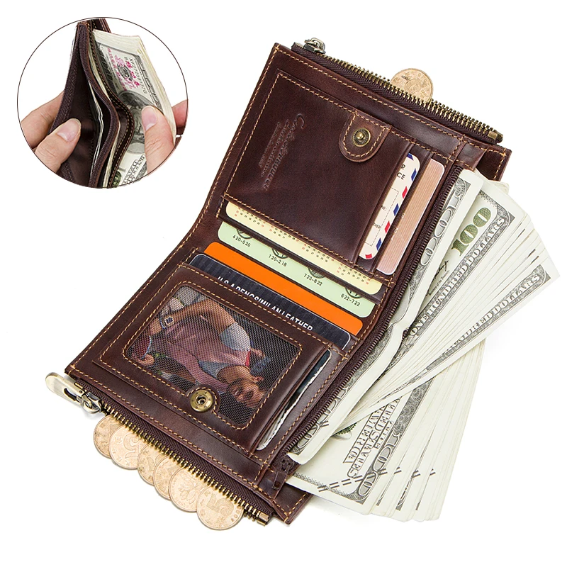 Goedkoop Contact s Crazy Horse Echt Lederen Portemonnee Mannen Portemonnee Walet Kaarthouder Portemonnee Dubbele Zip Geld Tas Met Ketting RFID