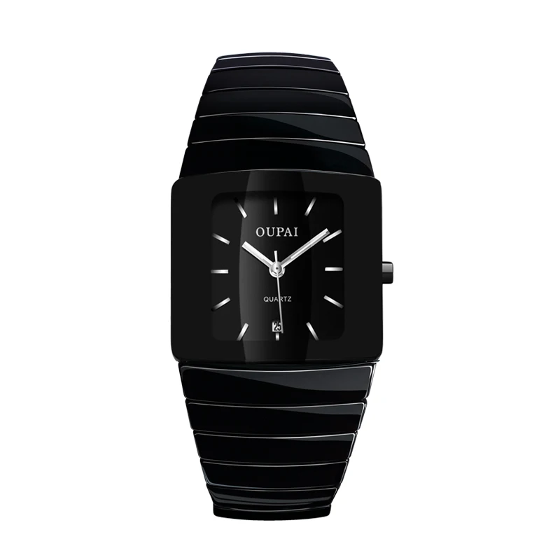 OUPAI классические черные Tonneau керамические часы Новая мода Squre кварцевые часы мужские водонепроницаемые с календарем светящиеся черные спортивные часы - Цвет: Sliver Black