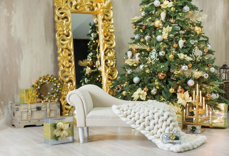 

Laeacco Christmas Tree Decor Wooden Floor Gift Mirror Chair Photo Backgrounds Customized Photography Backdrops For Photo Studio