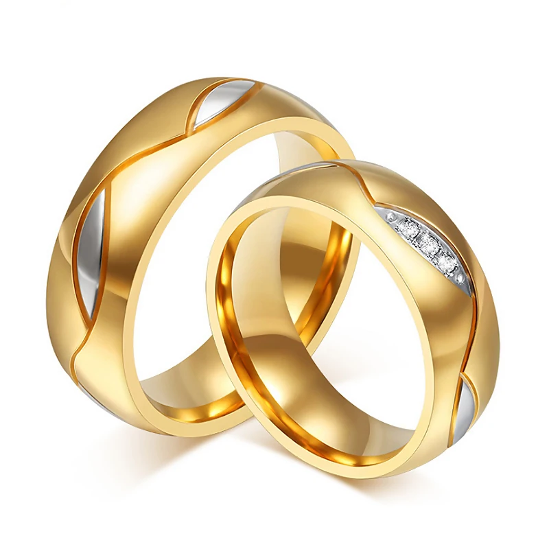 Wedding Rings for Lover Cubic Zirconia Stainless Steel Ring Black Gold Color Couple Rings Engagement Jewelry for Women and Men