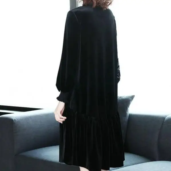 Осенне-зимнее женское черное элегантное бархатное платье с длинным рукавом, воротник-стойка, вышивка, свободные велюровые платья DV737