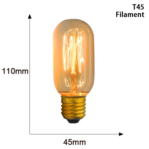 Ретро лампа Эдисона E27 40 Вт 220 В нить накаливания St64 G125 G95 T10 винтажные лампочки с ампулой Эдисона лампа домашний декор - Цвет: T45 Filament