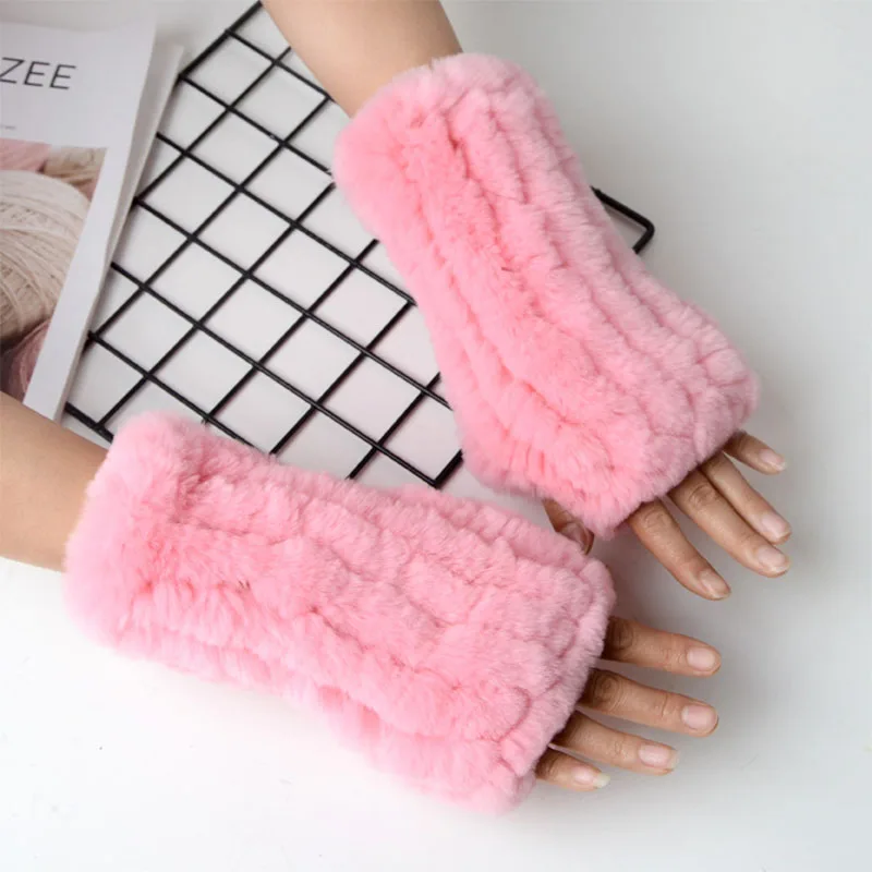 

Girl Glove Natural Rex Rabbit Fur Fingerless Half Finger Women Knitted Elastic Winter Mttens