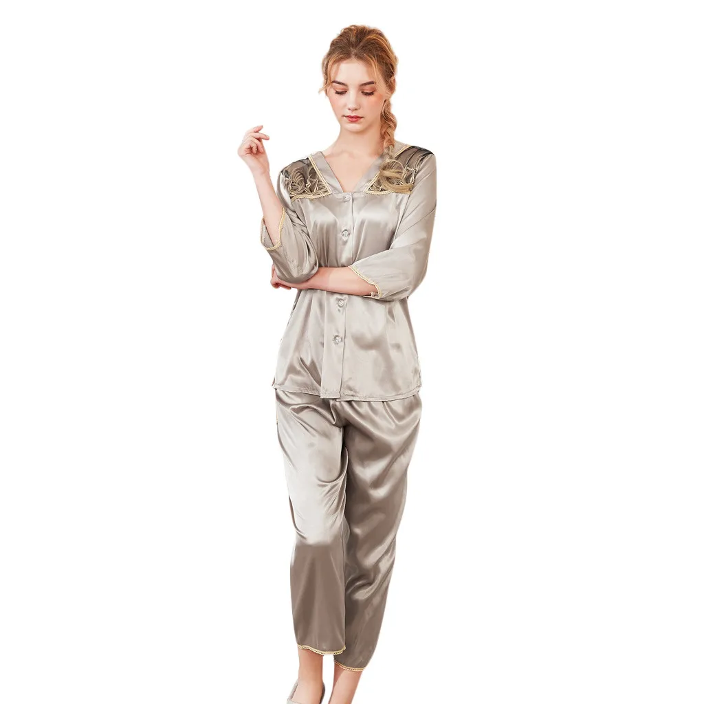 

Spring summernew Emulation Silk Pajamas Sweet Girls Summer Sleepwear Fashion Women Trim sexy Women Pajamas Set Retro Sleepwear