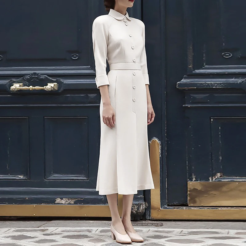 

HIGH QUALITY New Fashion 2019 Summer Designer Runway Dress Women's 3/4 Sleeve Peter Pan Collar Buttons Dress