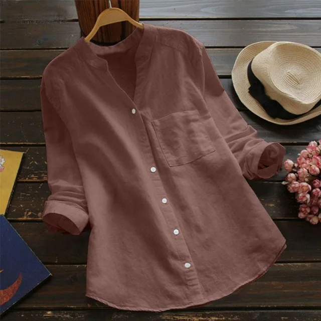 Dioufond Новинка хлопковая рубашка Высокое качество Женская блузка v-образный вырез с длинным рукавом однотонные синие рубашки тонкие женские повседневные женские топы - Цвет: Brown