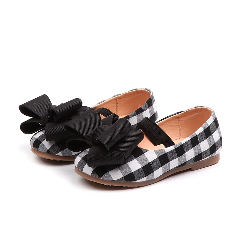 

JGSHOWKITO Girls Shoes Princess Spring Fall Kids Flat Shoes Checkered With Bow-knot Fashion Toddler Medium Children Flats Sweet