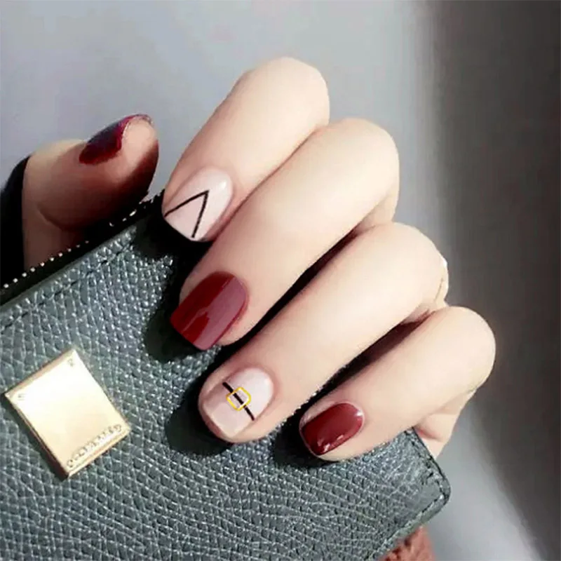24pcs/set Simple wine red+rivet black line decoration finished false nails short size Square head lady full nail tips bride art | Красота и