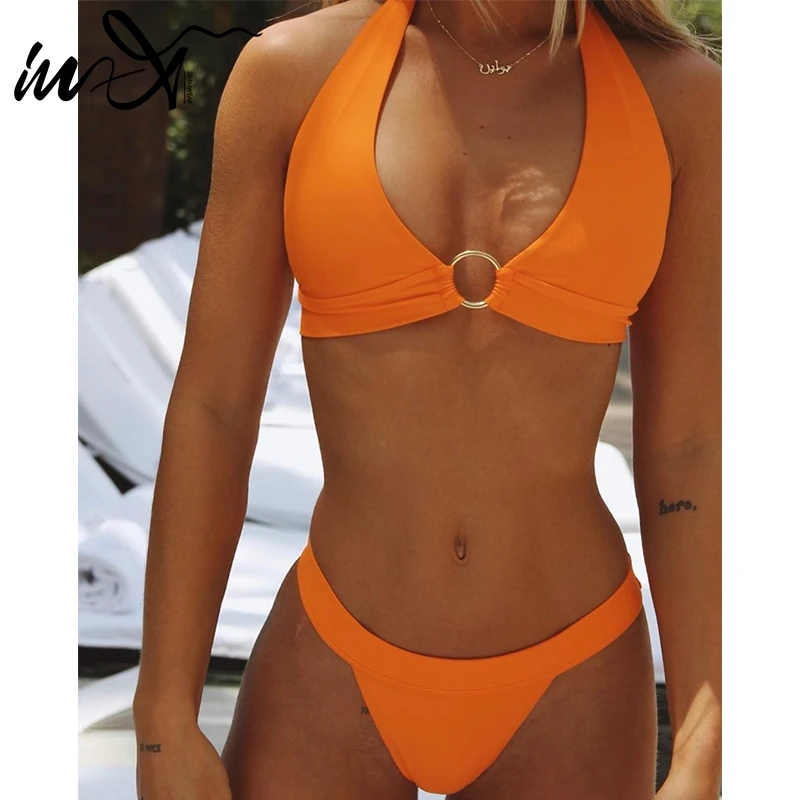 

In-X Sexy thong bikini set Solid swimwear women 2019 Triangle swimsuit female Bathing suit Ring bikini Mujer bathers Beach wear