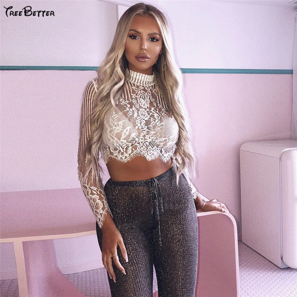 

High Neck Lace See Through Transparent Long Sleeve T shirt Women summer beach Outwear Club party Outwear