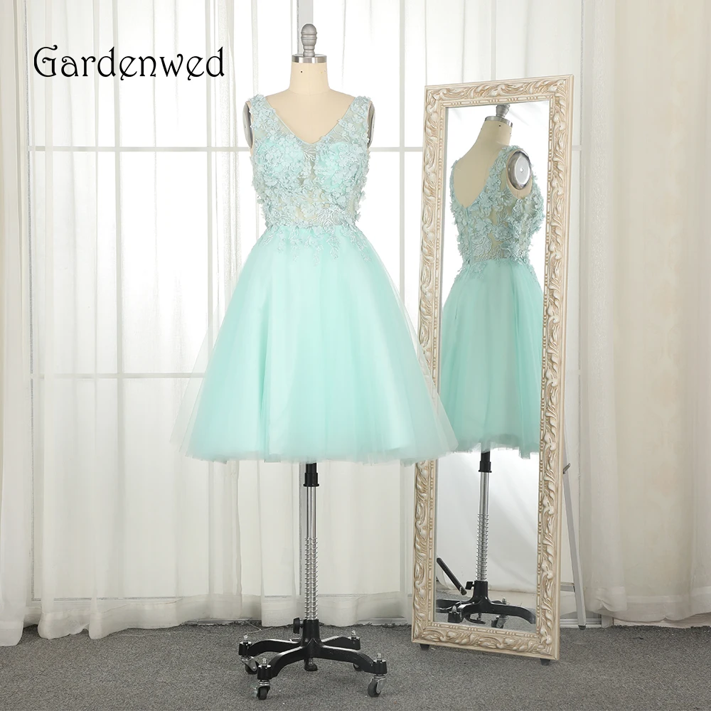 

Gardenwed Bluish Green Handmade Flower Homecoming Dresses 2019 Bead Pearls Short Mini Tulle Gown Graduation Dresses