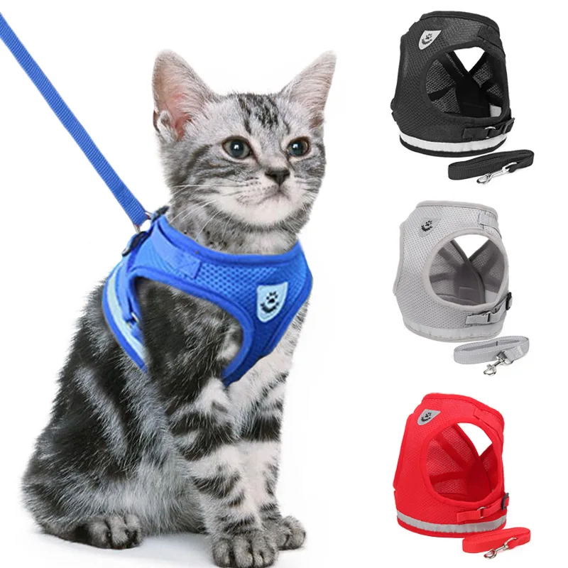 SMALLLEE_LUCKY_STORE New Soft Mesh Nylon Vest Pet Cat Small Medium Dog Harness Dog Leash Set Leads Black L 
