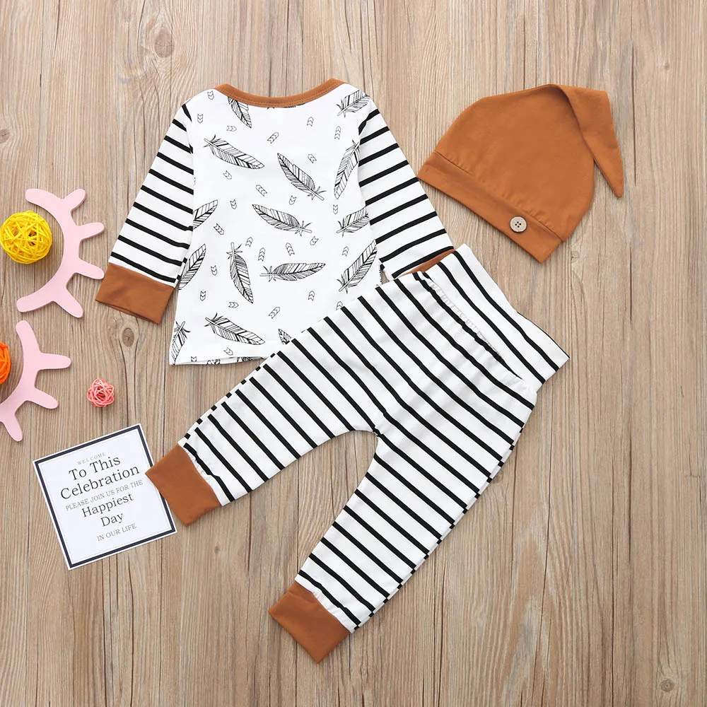 Autumn Winter Hot Newborn Baby Boy Girl Feather T shirt Tops Striped Pants Clothes Outfits Set Dropshipping Baby Clothes