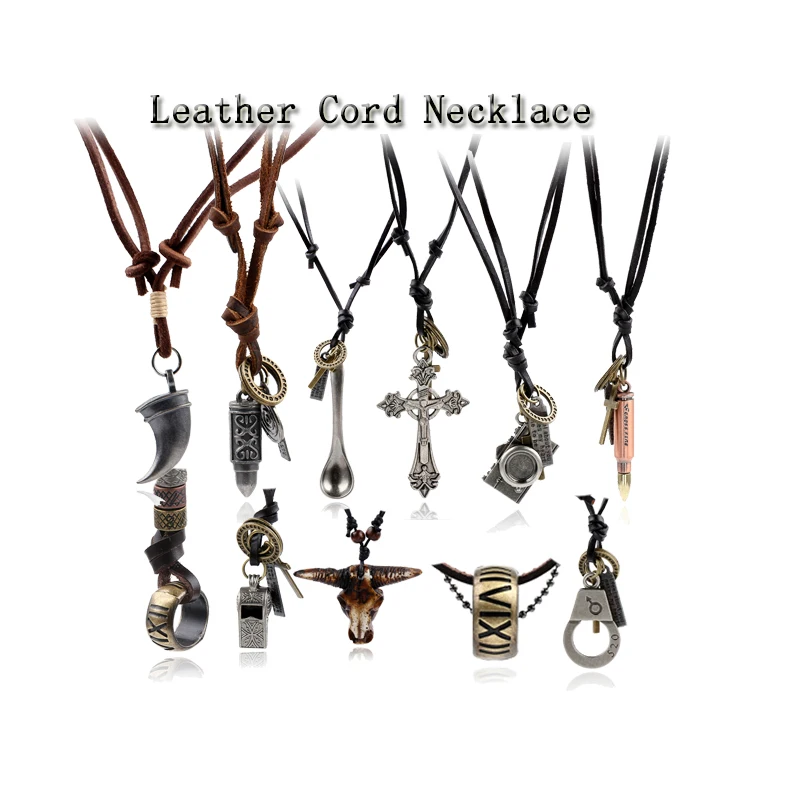 

Vintage Fashion Bullet Collares Necklaces & Pendants Leather Cross Long Necklace Handcuffs Bull Cow Men Necklaces Bijoux Femme