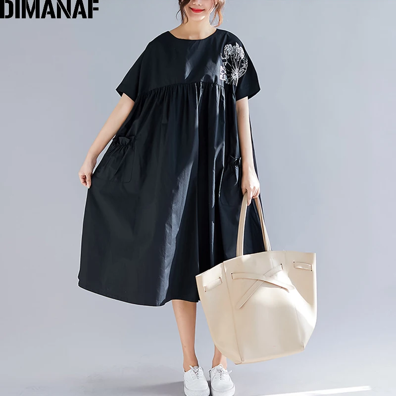 

DIMANAF Plus Size Women Long Dress Summer Vintage Black Linen Big Size Sundress Female Lady Vestidos Pleated Loose Dresses 2019