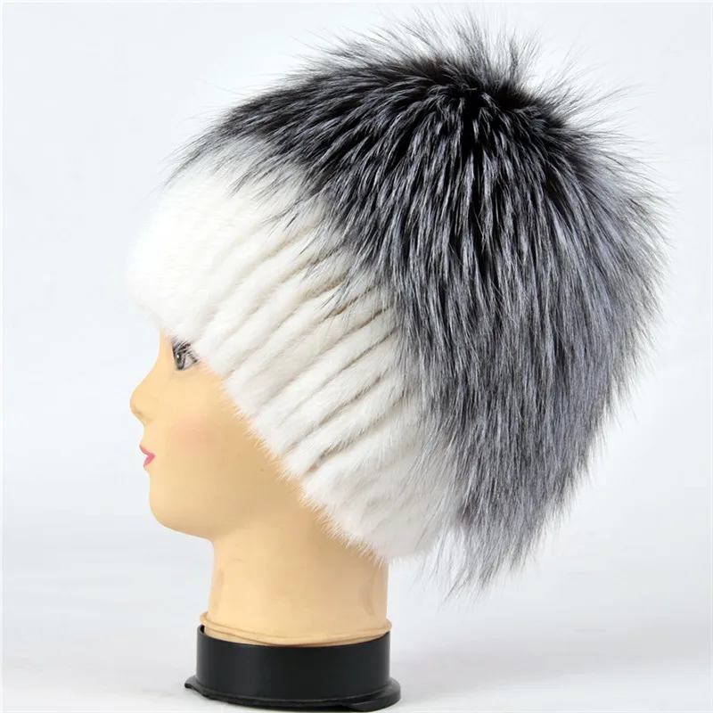 

New natural silver fox fur mink hand-sewn fur hat winter warm ladies stretch knit hat