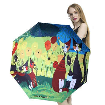 

Cat Three-folding Sunny And Rainy Umbrella For Women Travel Coating Pongee Ultra UPF Waterproof Folding Pencil Umbrella