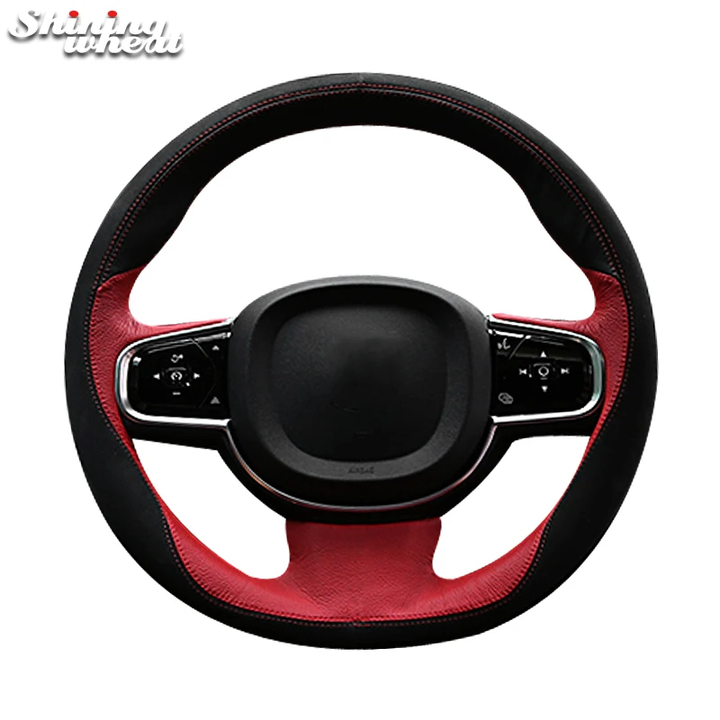 

Shining wheat Black Red Leather Car Steering Wheel Cover for Volvo XC90 2015-2017