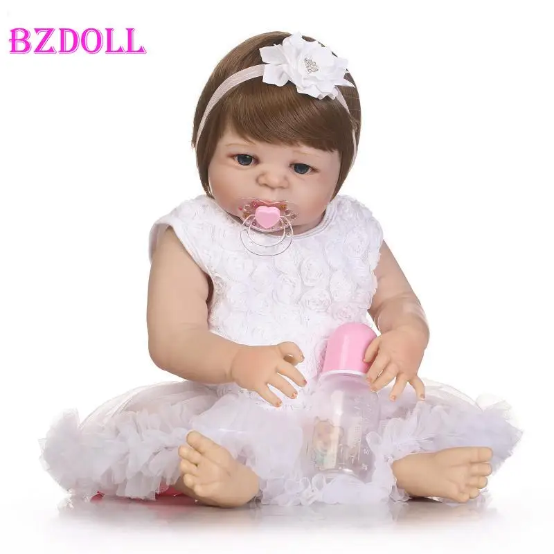 55cm Full Body Silicone Reborn Baby Doll Toys Light Brown Hair