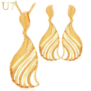 

U7 Dubai Gold Color Jewelry Set Fashion African Jewelry Hollow Fan-Shaped Dangle Earrings And Necklace Set For Women Gift S664