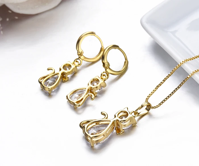 Kitty Cat Pendant Necklace & Drop Earrings Jewelry Set For Ladies