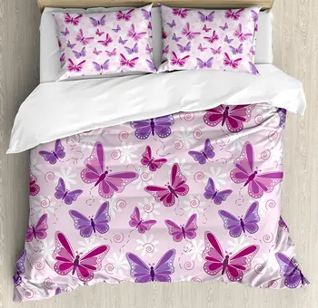 

Butterflies Duvet Cover Set Various Flying Butterflies with Fairy Colors Hippie Style Print Magical Decorative 4pcs Bedding Set