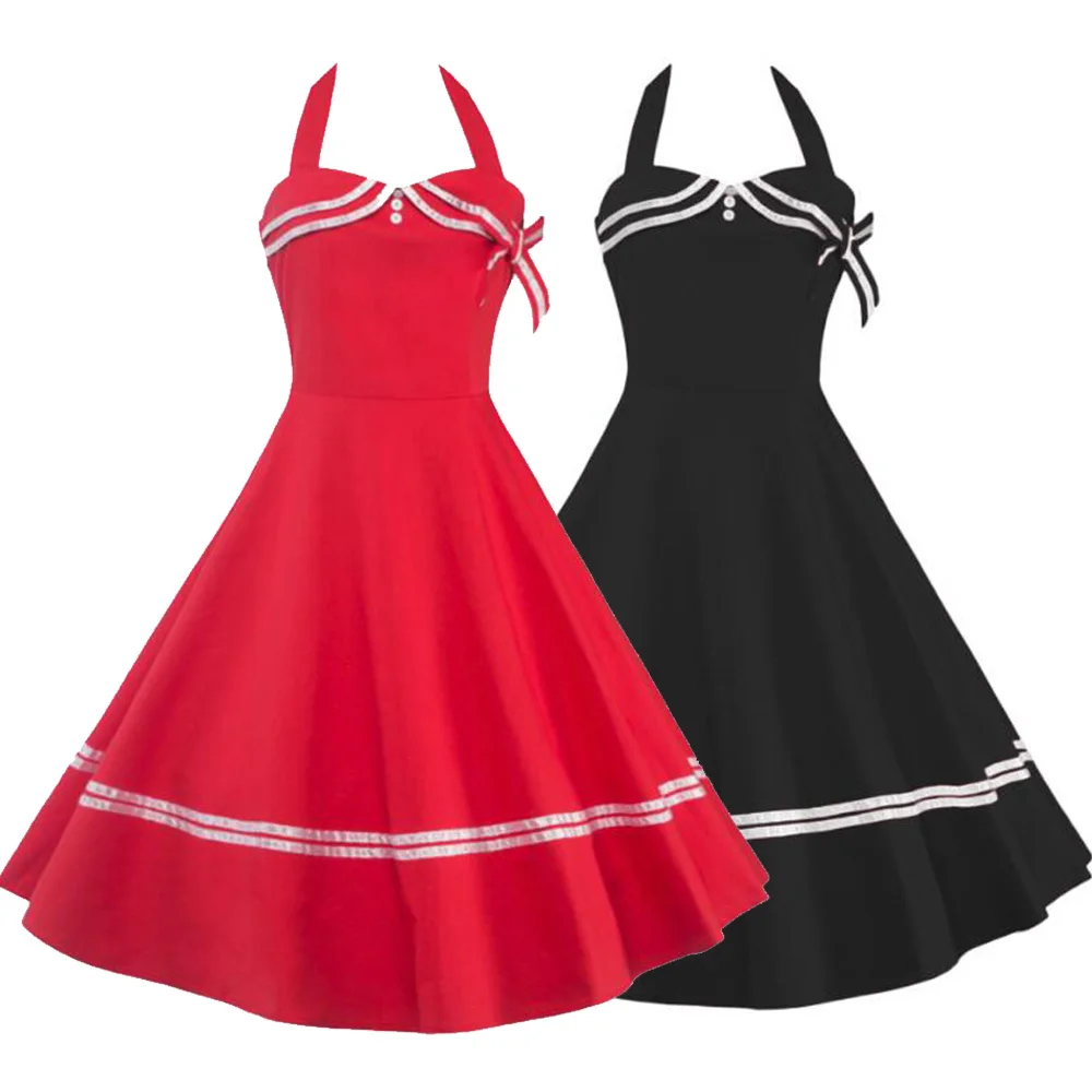 

Retro Vintage Dress Summer Halter Sleeveless Patchwork 50s Women Clothing Robe Pin Up Swing Casual Party Office Dress Vestidos