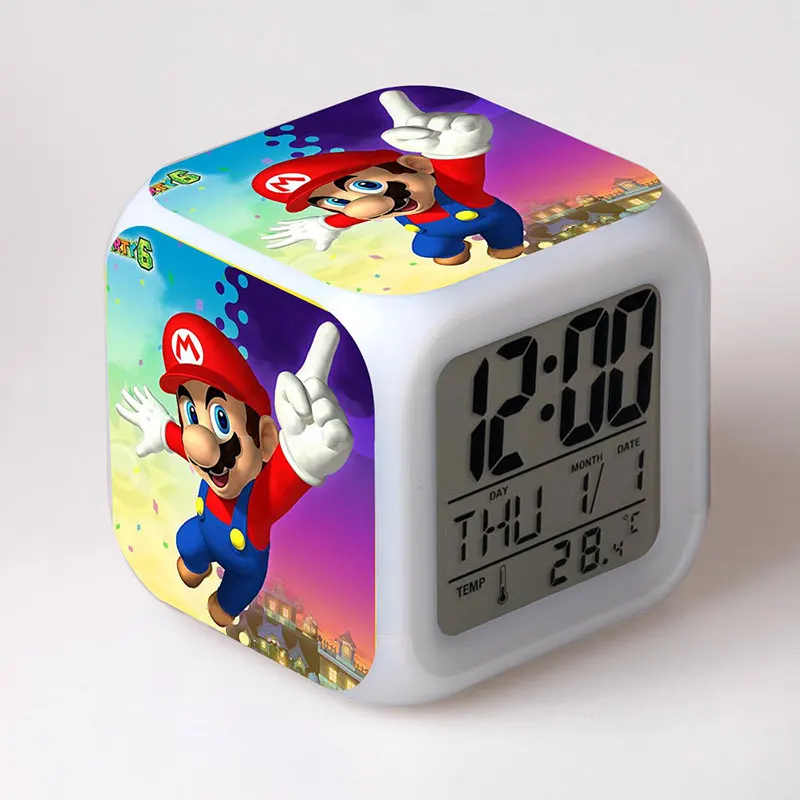 Super Mario Bros Anime Figurines Clock Alarm LED Colorful Luminous Light Thermometer Luigi Mario Yoshi Action Figures Toys