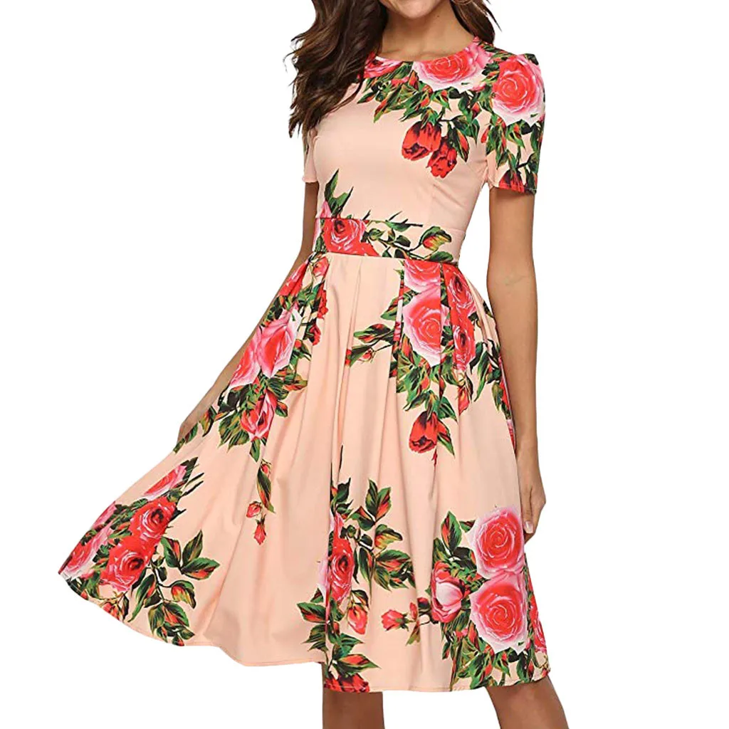 

New Fashion Womens Print Dress Summer Casual Rose Print O-Neck Short Sleeve Kenn-Lengh Dress Plus Size 2019 vestido de ver o #4