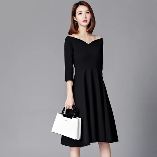 

MSSNNG Women's Simple Hepburn A-Line Dress 2018 Summer V-Neck Knee-Lip Dress Elegnat Women's Casual Solid Vestidos