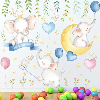 

Cartoon Small Elephant Moon Stars Wall Stickers Bedroom Kids Baby room Nursery Wall Home Decor Removable Wall Decals Art Murals