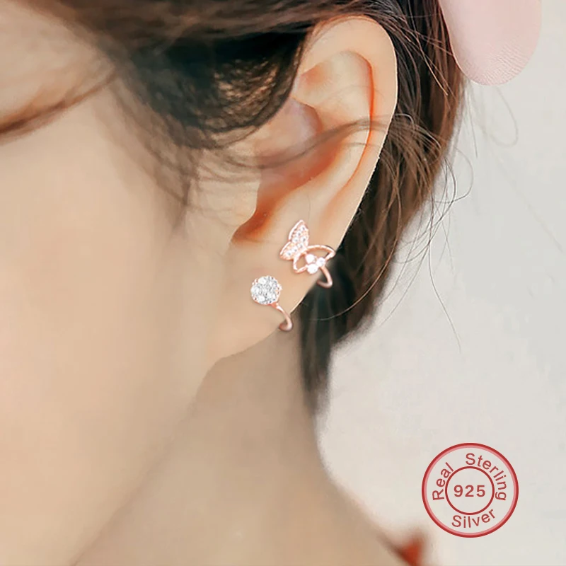 1 piece rose 100 real 925 silver butterfly shaped clip earrings without piercing for girlsclip