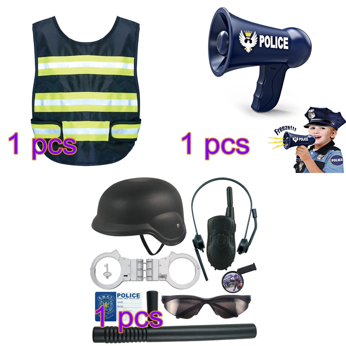 

Children Role Play Toy Battery Powered Police Megaphone+ 8Pcs Police Kit Cop Dress-Up Playset + Vest Waistcoat Reflective Strips
