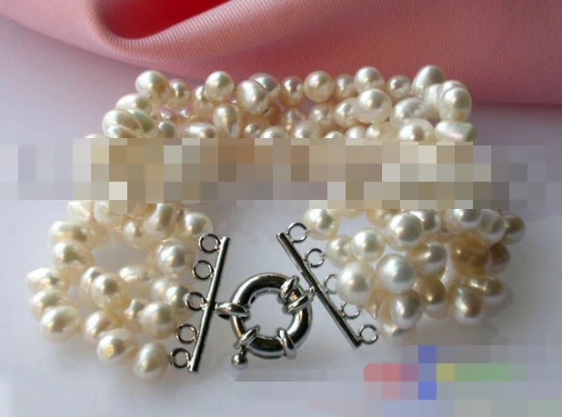 

free shipping 08723 5ROW WHITE RICE FRESHWATER CULTURED PEARL BRACELET