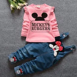 Комплект одежды для детей с принтом весна-осень майки с принтом «Минни» и джинсовые комбинезоны комплект одежды для маленьких девочек - Цвет: Pink