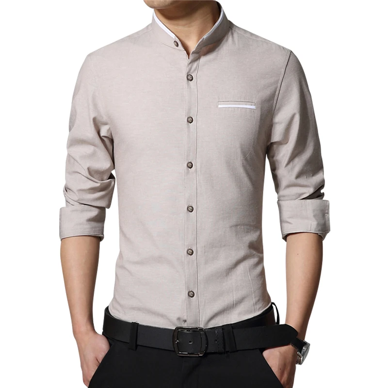 2023 New Brand Men's Casual Shirt Long Sleeve Banded Collar Easy Care Collarless Shirts Slim Fit Dress Shirt For Men Business