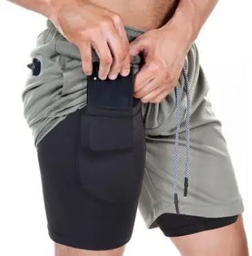 Мужские шорты 2 в 1 для бега, мужские спортивные шорты, быстросохнущие шорты для тренировок, пробежек, тренажерного зала со встроенным карманом - Цвет: Серый