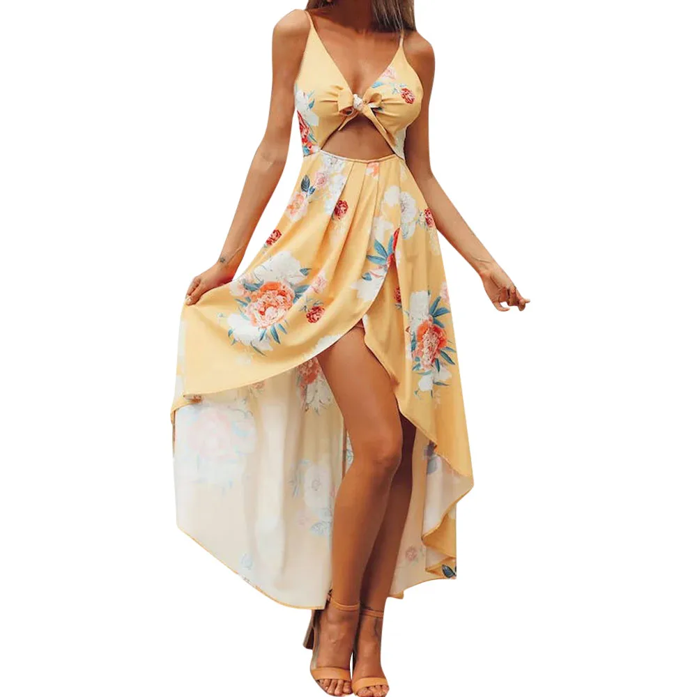 

Ladies Fit and Flare Dresses Boho Backless Bow Printing Sleeveless Long Dress Chiffon Beach Dress Empire V-Neck Summer