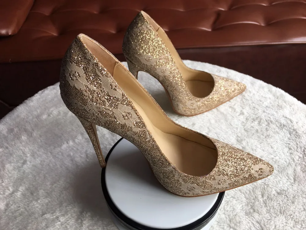 Stylesowner/женские блестящие туфли на высоком каблуке, золотистого цвета, 12 см, 10,5 см, на тонком каблуке, с острым носком, женские свадебные туфли с кружевом и блестками, обувь для вечеринок