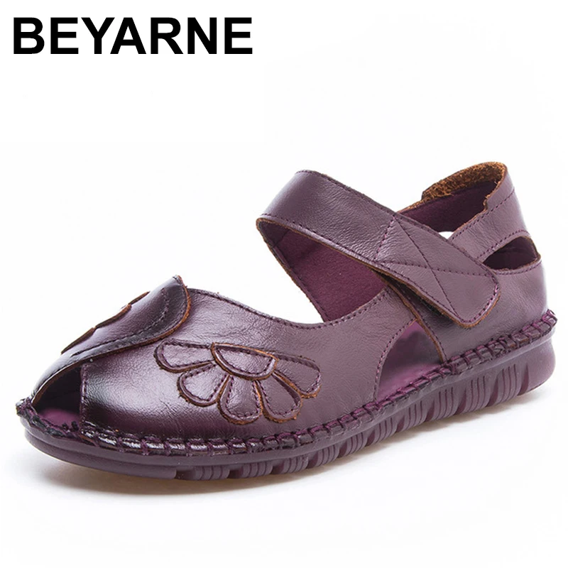 

BEYARNEHandmade WomenLeather Sandals SummerComfortable Soft Bottom Flowers Shoes Woman Genuine Leather Casual Shoe Zapatos Mujer