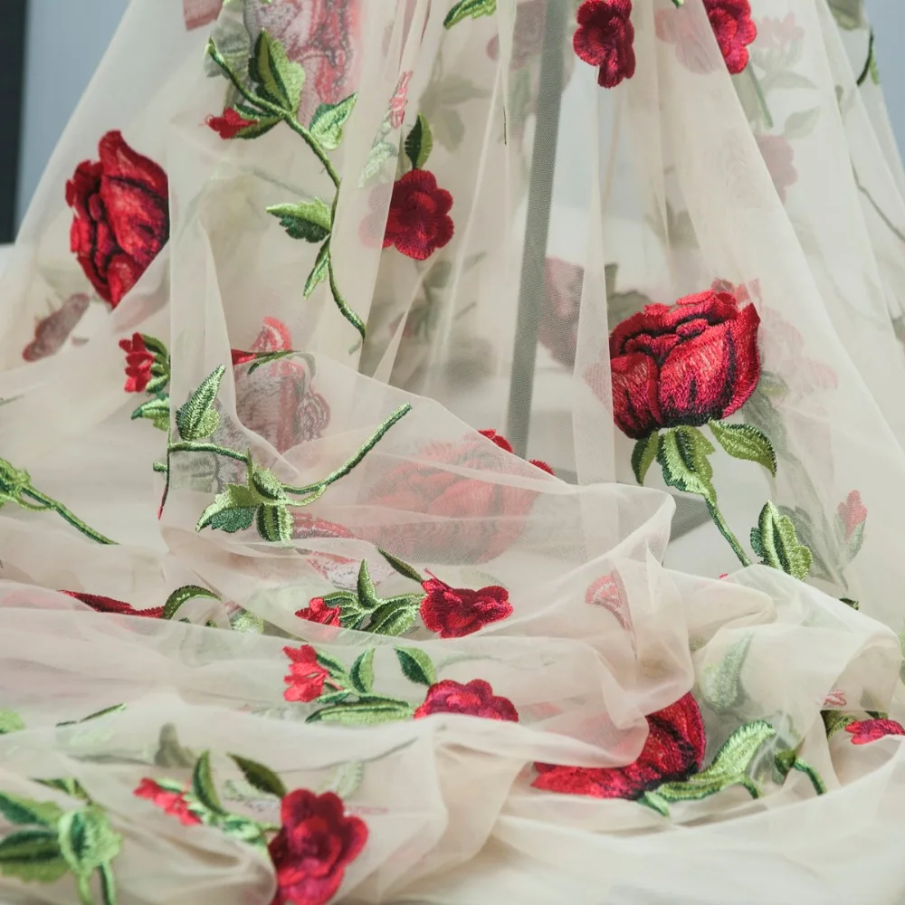 

Romantic Embroidery Transparent Mesh Fabric, Rose Flowers, Skin Color, Sewing, Fashion Dress Fabric, Wedding, Craft By The Yard