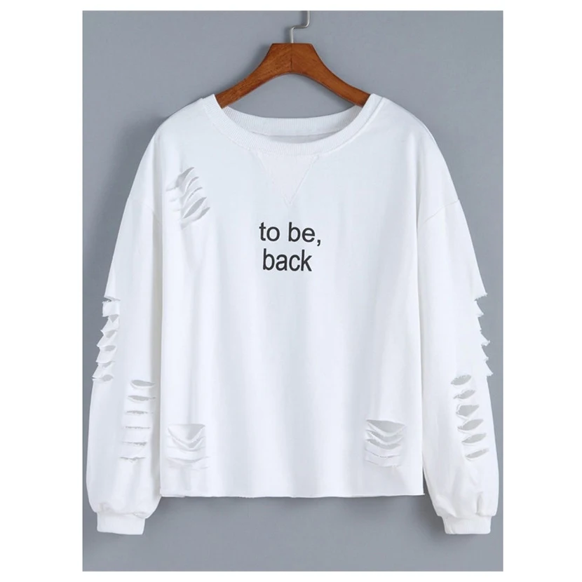 Women's New Fashion Spring Autumn Hole Sweatshirts Hoodies Letters Printed Female Pullover Loose White Long Sleeved Casual Str