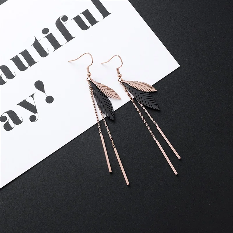 New Listing Geometric Titanium Steel long Tassel Girl Earrings gold Stainless Steel Triangle leaf Girl Black Jewelry Earrings 1 - Окраска металла: style-3